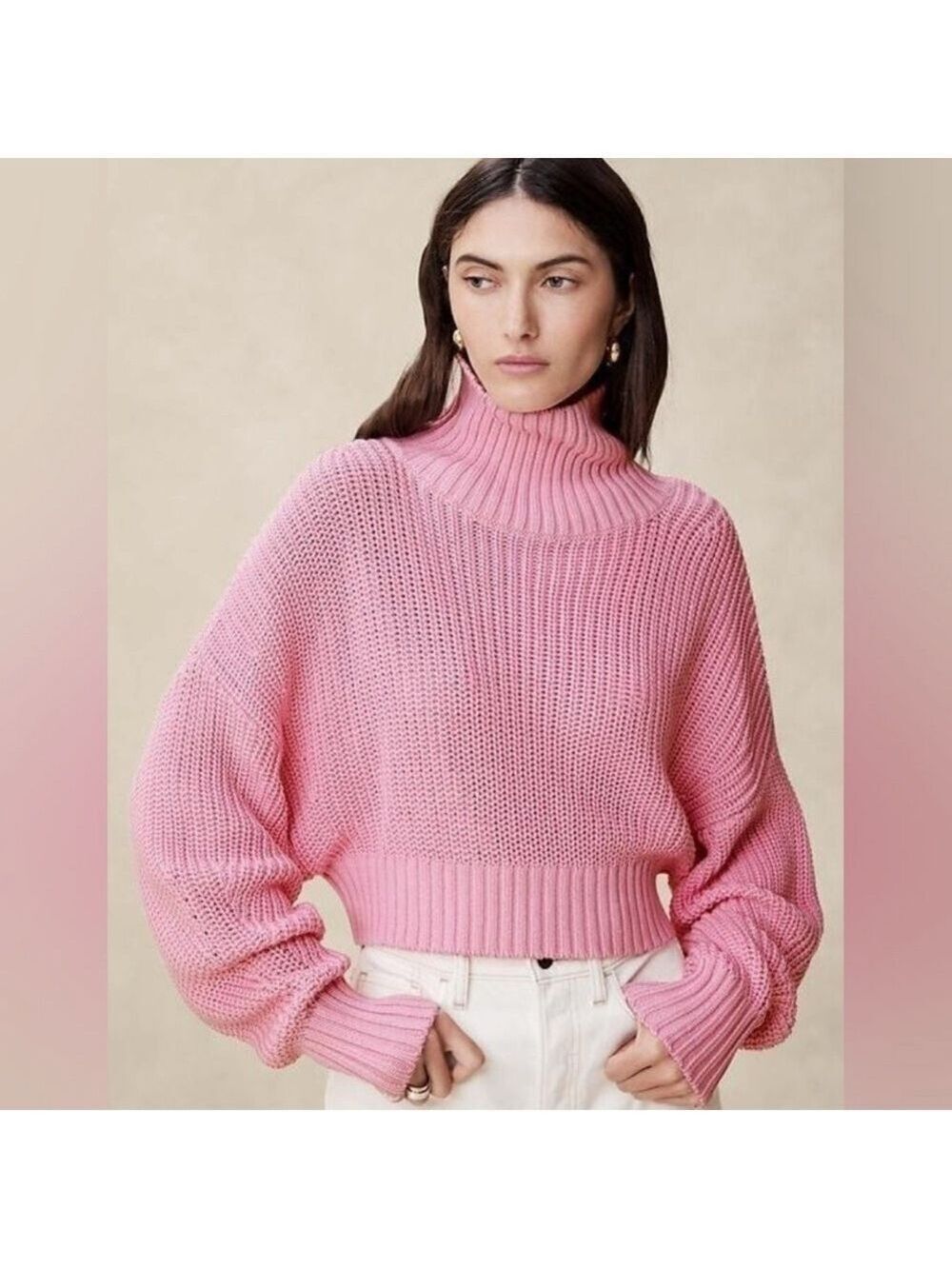 Banana Republic Janie Cropped Barbiecore Pink Chunky Knit Turtleneck Sweater New